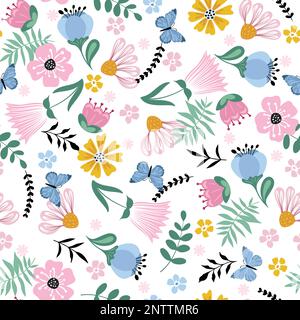 Cute, bright background with cute flowers and butterfly. Seamless flowers pattern Stock Vector