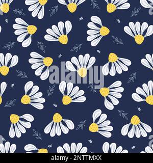 Cute daisies on a blue background seamless pattern Stock Vector