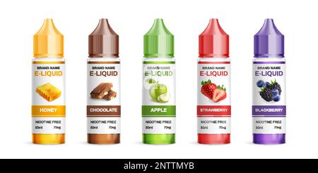 Realistic vaping flavored e-liquid set with five isolated images of colorful jars with smoking disposable vector illustration Stock Vector