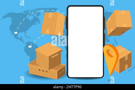 Boxes 3d composition with world map background dashed routes parcel boxes and smartphone with blank screen vector illustration Stock Vector