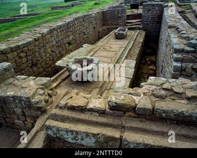 View SW of the water fed latrines (toilet block) in the SE corner of Housesteads Roman fort, Hadrian's Wall, Northumberland, England, UK. Stock Photo