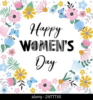 International Women's Day. Banner, flyer for March 8 decoration with paper flowers and hand-drawn inscription. Stock Vector