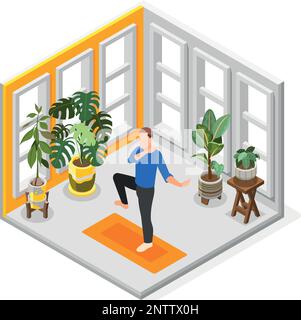 World tai chi and qigong day isometric composition with man practicing in his room vector illustration Stock Vector
