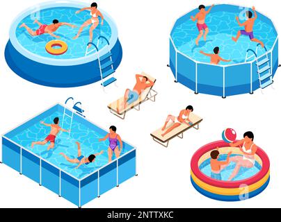 Isometric swimming pool set of isolated icons with views of inflatable and portable pools with people vector illustration Stock Vector
