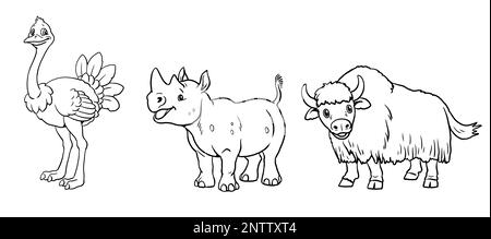 Cute ostrich, rhinoceros and yak to color in. Template for a coloring book with funny animals. Coloring template for kids. Stock Photo