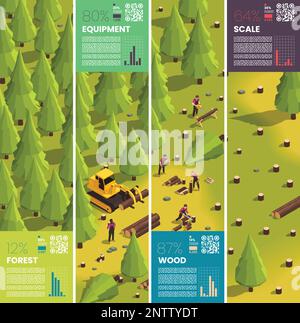 Deforestation infographics isometric with wood cutting equipment and lumberjack workers vector illustration Stock Vector