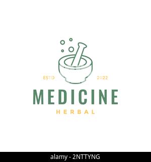 traditional nature medicine herbal leaves bowl line minimal logo design vector Stock Vector