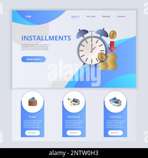 Installments flat landing page website template. Purse, mortgage, crediting. Web banner with header, content and footer. Vector illustration. Stock Vector