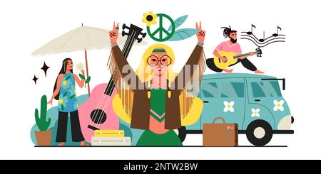 Hippie flat composition with happy people music and peace symbols vector illustration Stock Vector