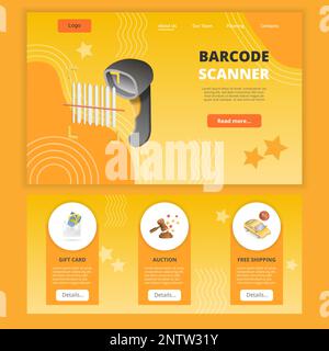 Barcode scanner flat landing page website template. Gift card, auction, free shipping. Web banner with header, content and footer. Vector illustration Stock Vector