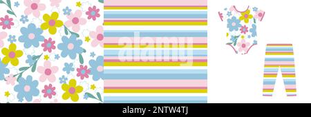 Seamless pattern set with a simple flowers and strip. Cute design pajamas on a hanger. Baby background for clothes, party decor, kids wear fashion, fa Stock Vector