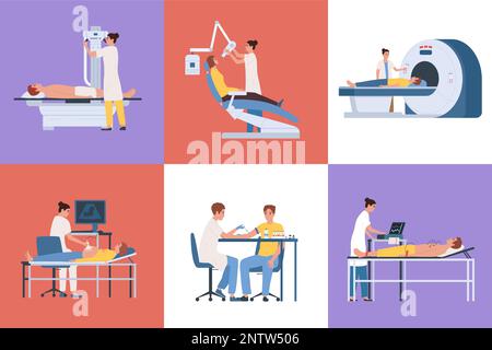 Doctors using various medical equipment to examine patients flat set isolated vector illustration Stock Vector