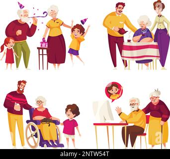 Old people compositions set with older and younger members of the family isolated vector illustration Stock Vector