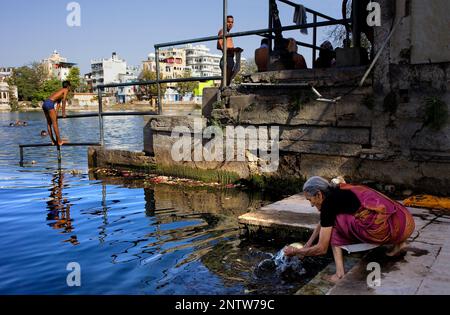 Scene in Gangaur ghat,Pichola lake,Udaipur, Rajasthan, india Stock Photo