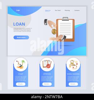Loan flat landing page website template. Stamp, approved, mobile banking. Web banner with header, content and footer. Vector illustration. Stock Vector