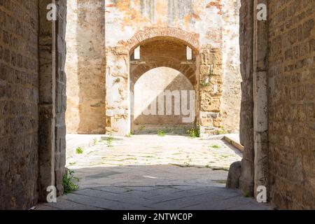 Inside view of the Torrione (1212) and the Rivellino, the ancient main gate built in 1447, Piombino, Italy Stock Photo