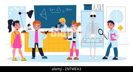 Stem camp children background with science and experiment symbols flat vector illustration Stock Vector
