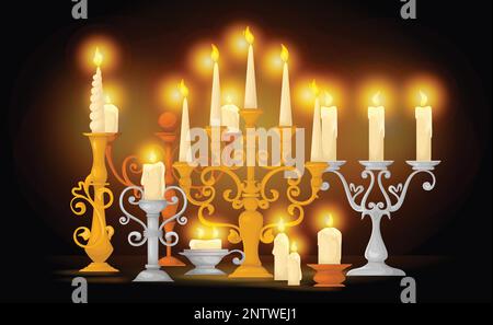 Retro candle holders composition with view of burning candles on retro stands of silver and gold vector illustration Stock Vector