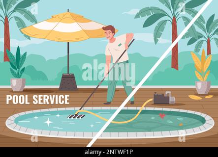 Pool service cartoon composition with man cleaning swimming outdoor pool with vacuum cleaner vector illustration Stock Vector