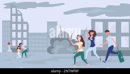 Panic composition with view of city being bombed from air with human characters of running civilians vector illustration Stock Vector