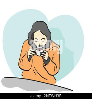 line art woman drinking tea or coffee illustration vector hand drawn isolated on white background Stock Vector