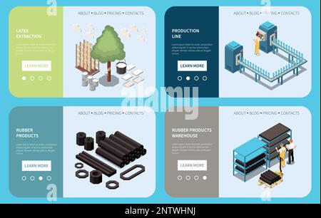 Rubber production technology isometric landing pages representing information about latex extraction equipment warehouse for rubber products isometric Stock Vector
