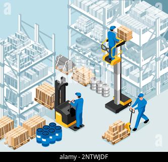 Isometric warehouse interior concept with workers loading cardboard boxes vector illustration Stock Vector