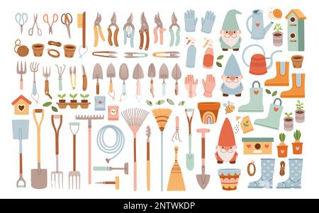 Big set of gardening items in hand drawn style. Agricultural and garden tools for spring work. Vector isolated on white Stock Vector