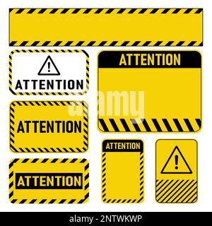 Attention sign set. Various black and yellow warning signs with diagonal lines. Realistic notice signboard, warning banner, road shield. Vector illust Stock Vector