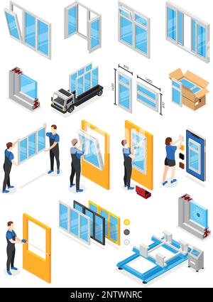 Plastic windows isometric icons set with workers making reparing and installation works isolated vector illustration Stock Vector