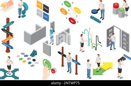 Decision making isometric icons set with problem solving symbols isolated vector illustration Stock Vector