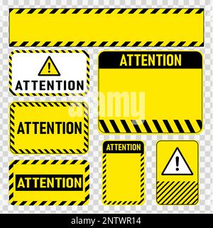 Attention sign set. Various black and yellow warning signs with diagonal lines. Realistic notice signboard, warning banner, road shield. Vector illust Stock Vector