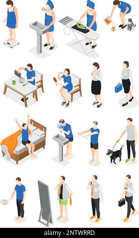 People morning routine isometric icons set with man and woman doing daily rituals isometric vector illustration Stock Vector