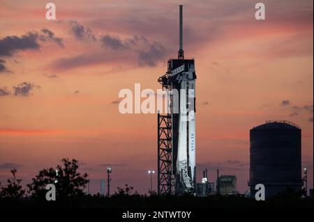 (230228) -- FLORIDA, Feb. 28, 2023 (Xinhua) -- This photo taken on Feb. 25, 2023 shows a SpaceX Falcon 9 rocket and the Dragon spacecraft at NASA's Kennedy Space Center in Florida, the United States. NASA and SpaceX are now targeting Thursday, March 2, for next available Crew-6 launch attempt after the original launch attempt was scrubbed early Monday. The launch of the Crew-6 mission to the International Space Station was originally scheduled at 1:45 a.m. Monday Eastern Time from Launch Complex 39A at the Kennedy Space Center in Florida. But the launch was called off due to a ground systems i Stock Photo