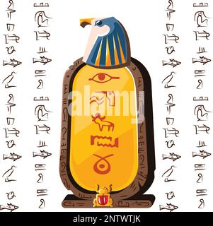 Stone board or clay tablet with falcon head and Egyptian hieroglyphs cartoon vector illustration Ancient object for recording storing information, graphical user interface for game design on white Stock Vector