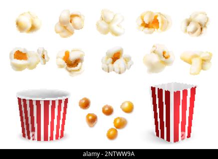 Realistic popcorn grains fluffy pieces and carton bucket icons set isolated vector illustration Stock Vector