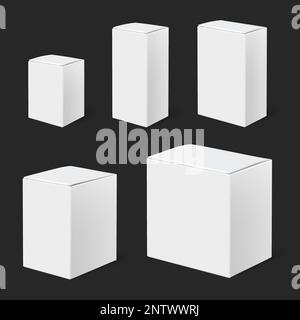Realistic box mockup set with isolated images of white boxes of different size on black background vector illustration Stock Vector