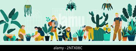 Botanical garden poster with people growing plants in pots flat vector illustration Stock Vector