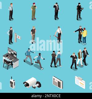 Security service isometric set of guards in work process and electronic elements for video control code locks and transmitter vector illustration Stock Vector