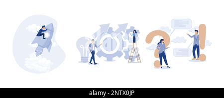 Business takeoff,Process improvement, Question and answer,discussion to get solution to solve problem,set flat vector modern illustration Stock Vector