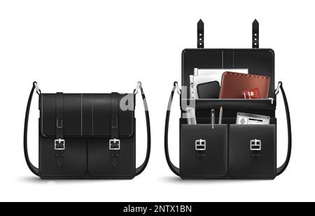 Realistic business bag document set with isolated images of black leather briefcase closed and open inside vector illustration Stock Vector