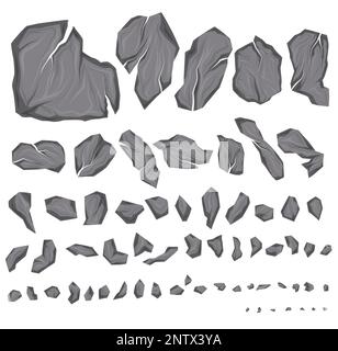 Vector set of various of broken stones. Cartoon clipart collection of smashed rocks with cracks isolated from background. Hand drawn gravel and blocks Stock Vector