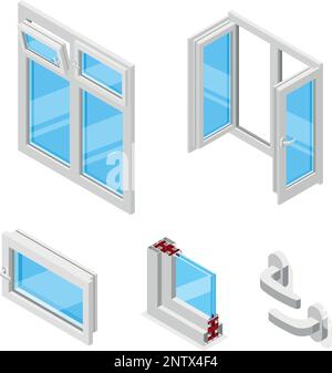 Plastic windows in different views isometric icons set isolated vector illustration Stock Vector