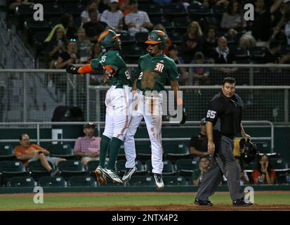 Miami Hurricanes Jose Izarra (41) bats during an NCAA game against the  Florida Gulf Coast Eagles on March 17, 2021 at the Swanson Stadium in Fort  Myers, Florida. (Mike Janes/Four Seam Images