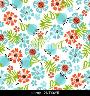 Cute, bright seamless pattern with flowers and leaves. Stock Vector