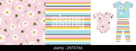Print set with cute bees, daisies and strip. Cute design pajamas on a hanger. Baby background for clothes, kids wear fashion, fabric design Stock Vector