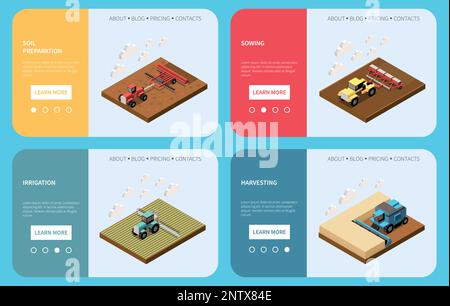Wheat grain industry four landing pages providing information about soil preparation sowing irrigation harvesting isometric vector illustration Stock Vector