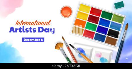 International artist day poster with color palette set with different brushes realistic vector illustration Stock Vector