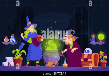 Magic poster with two witches making magician potion vector illustration Stock Vector