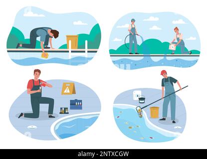 Swimming pool maintenance service 2x2 set with workers in uniform removing leaves cleaning doing water analysis isolated flat vector illustration Stock Vector